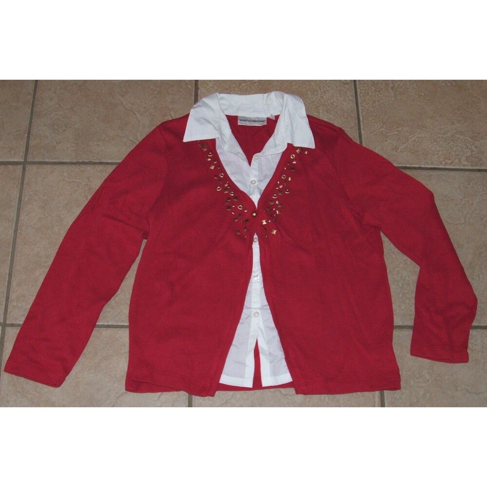 Embellished Red Sz Medium Stretchy Lightweight Layer Look Sweater REBECCA MALONE
